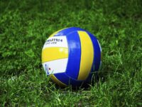 Closeup on volleyball in grass